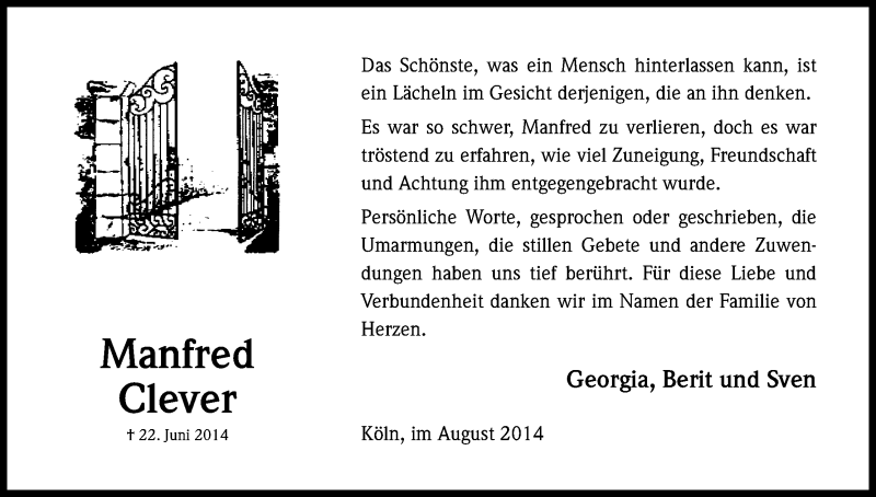  Traueranzeige für Manfred Clever vom 02.08.2014 aus Kölner Stadt-Anzeiger / Kölnische Rundschau / Express