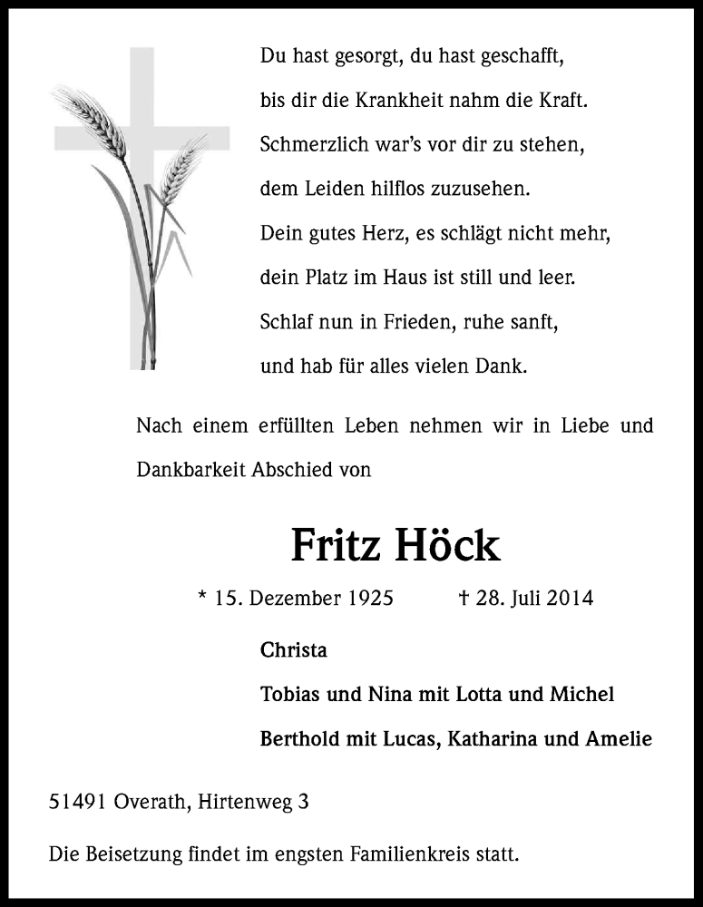  Traueranzeige für Fritz Höck vom 02.08.2014 aus Kölner Stadt-Anzeiger / Kölnische Rundschau / Express