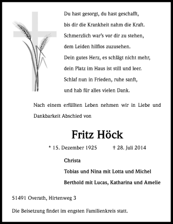 Anzeige von Fritz Höck von Kölner Stadt-Anzeiger / Kölnische Rundschau / Express