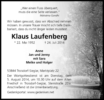 Anzeige von Klaus Laufenberg von Kölner Stadt-Anzeiger / Kölnische Rundschau / Express