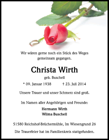 Anzeige von Christa Wirth von Kölner Stadt-Anzeiger / Kölnische Rundschau / Express