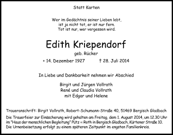 Anzeige von Edith Kriependorf von Kölner Stadt-Anzeiger / Kölnische Rundschau / Express