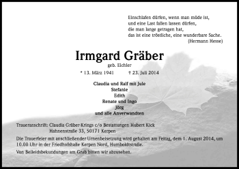 Anzeige von Irmgard Gräber von Kölner Stadt-Anzeiger / Kölnische Rundschau / Express