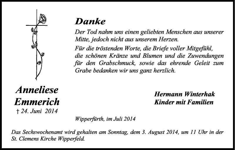  Traueranzeige für Anneliese Emmerich vom 30.07.2014 aus Kölner Stadt-Anzeiger / Kölnische Rundschau / Express