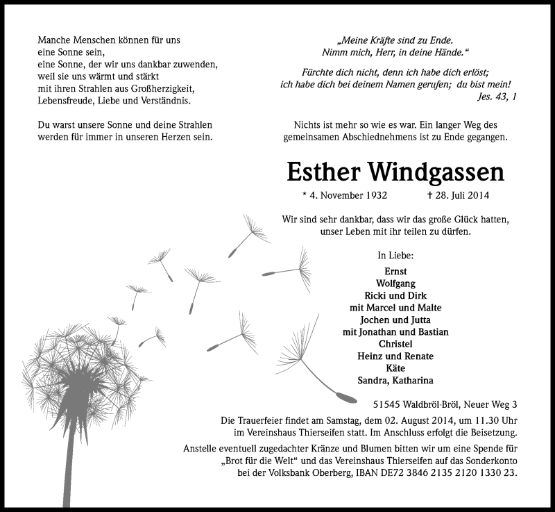  Traueranzeige für Esther Windgassen vom 30.07.2014 aus Kölner Stadt-Anzeiger / Kölnische Rundschau / Express