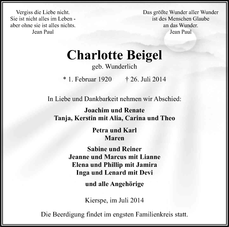  Traueranzeige für Charlotte Beigel vom 31.07.2014 aus Kölner Stadt-Anzeiger / Kölnische Rundschau / Express