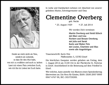 Anzeige von Clementine Overberg von Kölner Stadt-Anzeiger / Kölnische Rundschau / Express