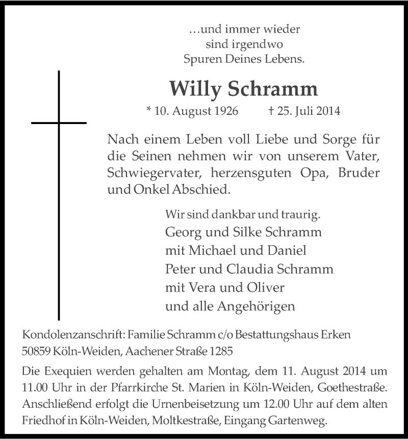  Traueranzeige für Willy Schramm vom 02.08.2014 aus Kölner Stadt-Anzeiger / Kölnische Rundschau / Express