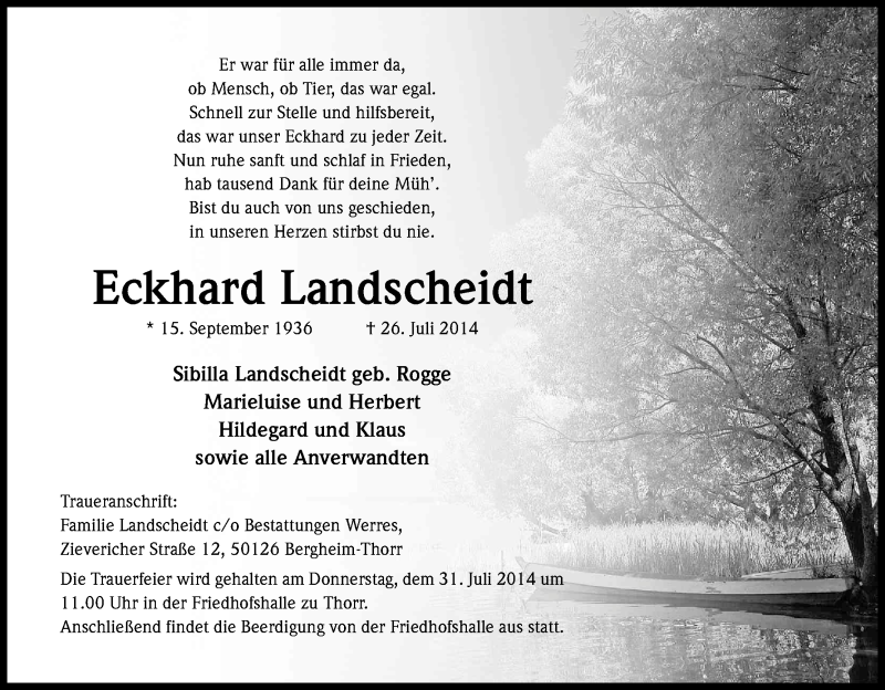  Traueranzeige für Eckhard Landscheidt vom 30.07.2014 aus Kölner Stadt-Anzeiger / Kölnische Rundschau / Express