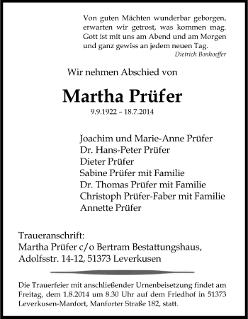 Anzeige von Martha Prüfer von Kölner Stadt-Anzeiger / Kölnische Rundschau / Express