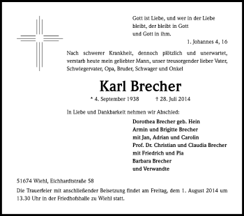 Anzeige von Karl Brecher von Kölner Stadt-Anzeiger / Kölnische Rundschau / Express