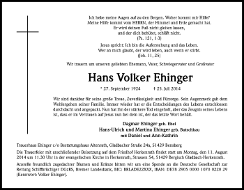 Anzeige von Hans Volker Ehinger von Kölner Stadt-Anzeiger / Kölnische Rundschau / Express