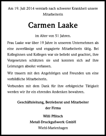 Anzeige von Carmen Laake von Kölner Stadt-Anzeiger / Kölnische Rundschau / Express