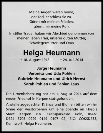 Anzeige von Helga Heumann von Kölner Stadt-Anzeiger / Kölnische Rundschau / Express