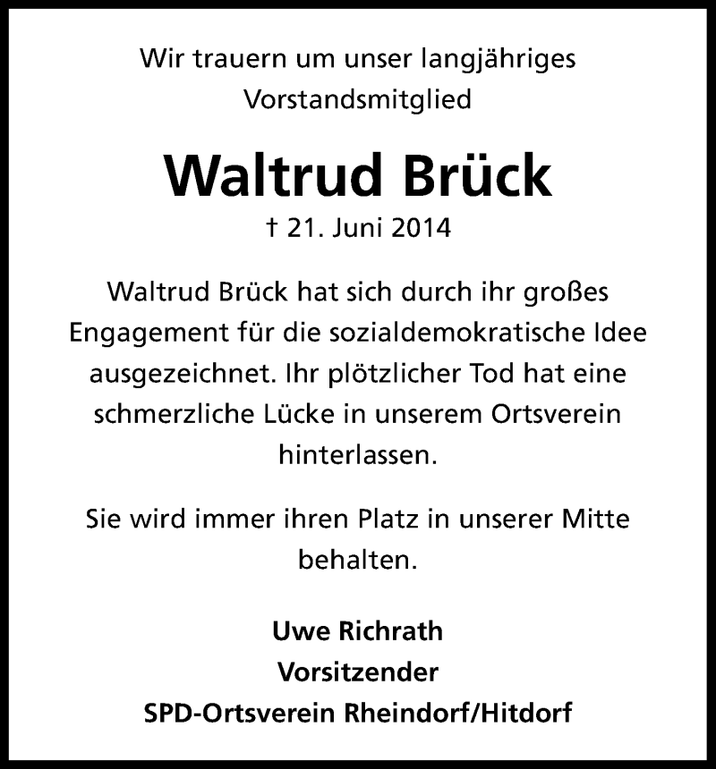  Traueranzeige für Waltrud Brück vom 02.08.2014 aus Kölner Stadt-Anzeiger / Kölnische Rundschau / Express