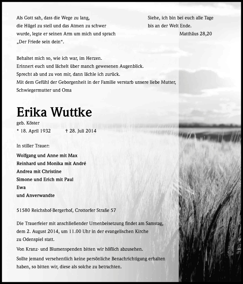  Traueranzeige für Erika Wuttke vom 30.07.2014 aus Kölner Stadt-Anzeiger / Kölnische Rundschau / Express