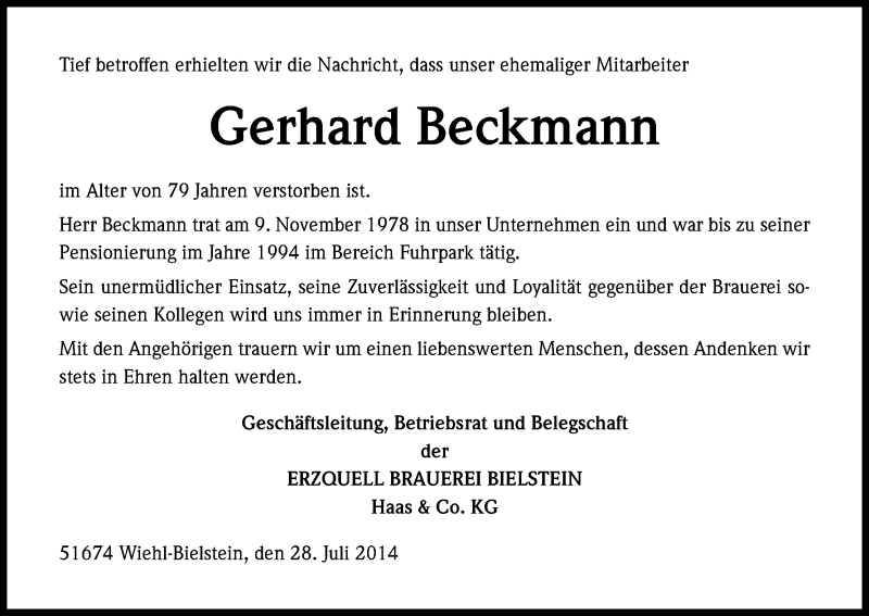  Traueranzeige für Gerhard Beckmann vom 30.07.2014 aus Kölner Stadt-Anzeiger / Kölnische Rundschau / Express