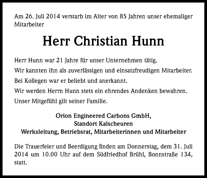  Traueranzeige für Christian Hunn vom 30.07.2014 aus Kölner Stadt-Anzeiger / Kölnische Rundschau / Express