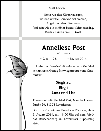 Anzeige von Anneliese Post von Kölner Stadt-Anzeiger / Kölnische Rundschau / Express