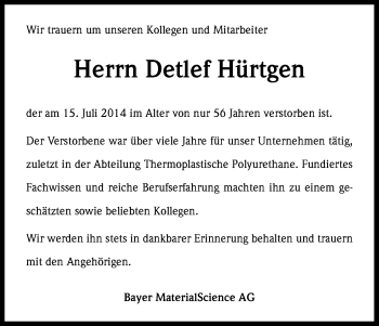 Anzeige von Detlef Hürtgen von Kölner Stadt-Anzeiger / Kölnische Rundschau / Express