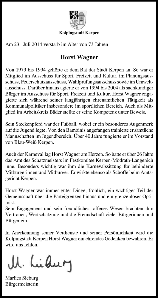  Traueranzeige für Horst Wagner vom 30.07.2014 aus Kölner Stadt-Anzeiger / Kölnische Rundschau / Express