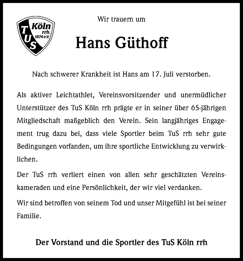  Traueranzeige für Hans Güthoff vom 02.08.2014 aus Kölner Stadt-Anzeiger / Kölnische Rundschau / Express