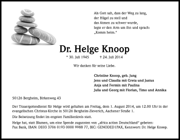 Anzeige von Helge Knoop von Kölner Stadt-Anzeiger / Kölnische Rundschau / Express