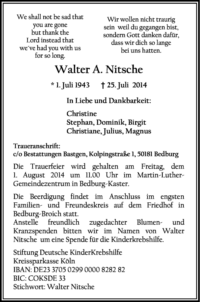  Traueranzeige für Walter Nitsche vom 30.07.2014 aus Kölner Stadt-Anzeiger / Kölnische Rundschau / Express