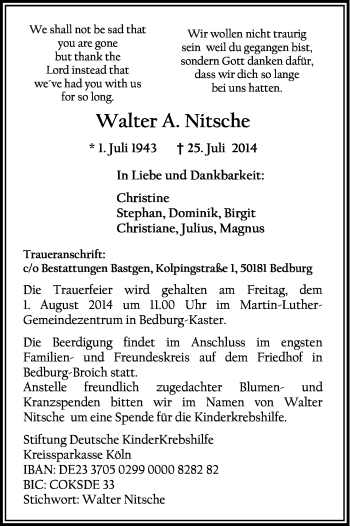 Anzeige von Walter Nitsche von Kölner Stadt-Anzeiger / Kölnische Rundschau / Express