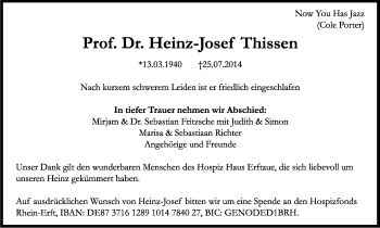 Anzeige von Heinz-Josef Thissen von Kölner Stadt-Anzeiger / Kölnische Rundschau / Express