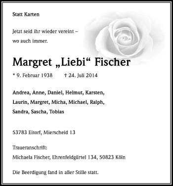 Anzeige von Margret  Fischer von Kölner Stadt-Anzeiger / Kölnische Rundschau / Express