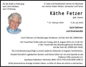 Anzeige von Käthe Fetzer von Kölner Stadt-Anzeiger / Kölnische Rundschau / Express