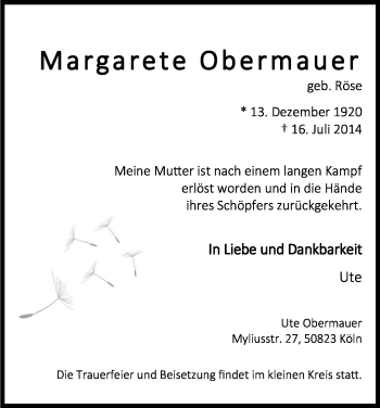 Anzeige von Margarete Obermauer von Kölner Stadt-Anzeiger / Kölnische Rundschau / Express