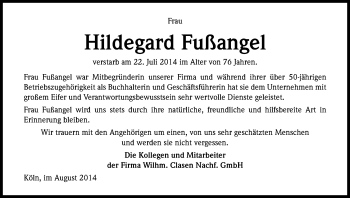 Anzeige von Hildegard Fußangel von Kölner Stadt-Anzeiger / Kölnische Rundschau / Express