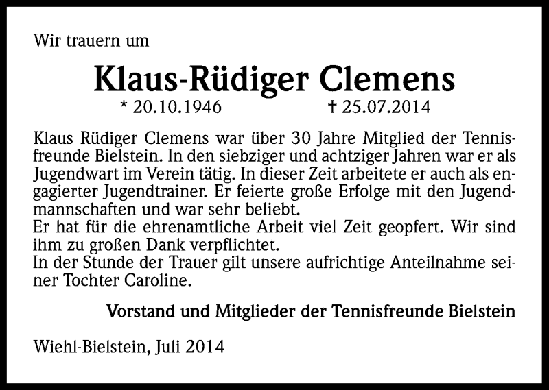  Traueranzeige für Klaus-Rüdiger Clemens vom 31.07.2014 aus Kölner Stadt-Anzeiger / Kölnische Rundschau / Express