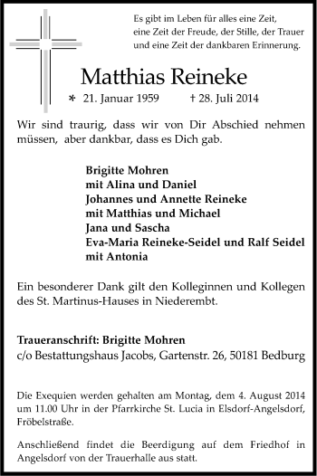 Anzeige von Matthias Reineke von Kölner Stadt-Anzeiger / Kölnische Rundschau / Express
