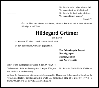 Anzeige von Hildegard Grümer von Kölner Stadt-Anzeiger / Kölnische Rundschau / Express