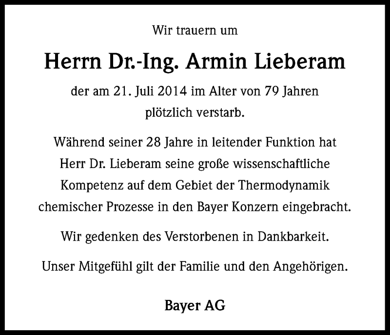  Traueranzeige für Armin Lieberam vom 02.08.2014 aus Kölner Stadt-Anzeiger / Kölnische Rundschau / Express