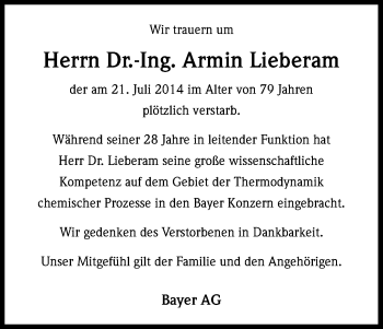 Anzeige von Armin Lieberam von Kölner Stadt-Anzeiger / Kölnische Rundschau / Express