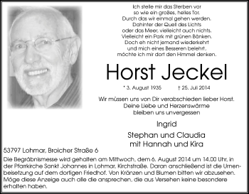 Anzeige von Horst Jeckel von Kölner Stadt-Anzeiger / Kölnische Rundschau / Express