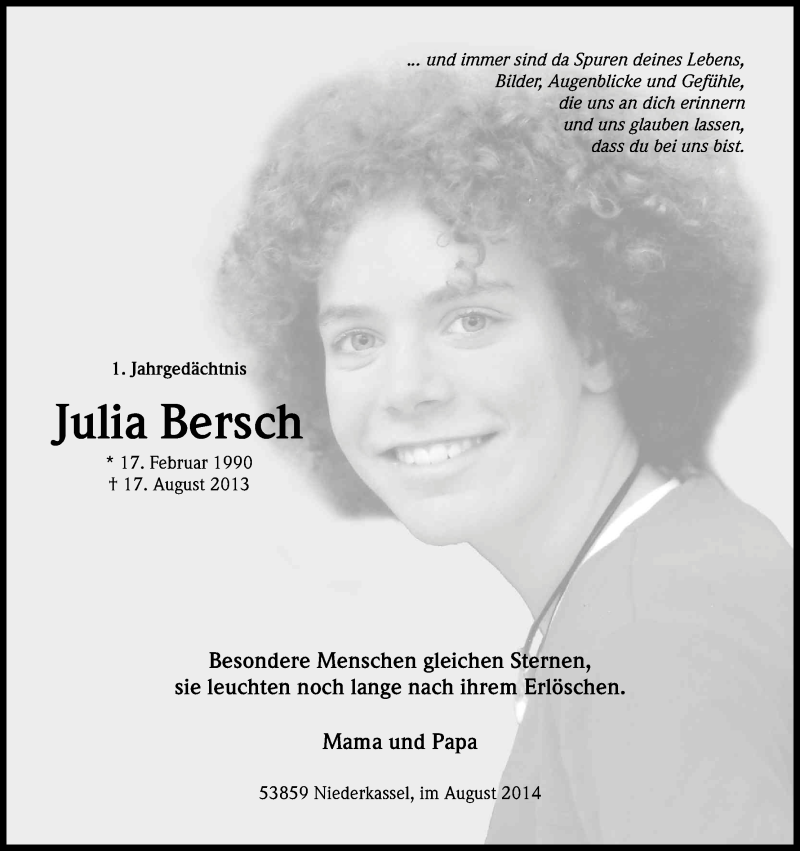  Traueranzeige für Julia Bersch vom 16.08.2014 aus Kölner Stadt-Anzeiger / Kölnische Rundschau / Express