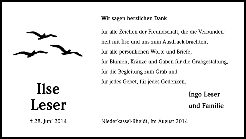  Traueranzeige für Ilse Leser vom 02.08.2014 aus Kölner Stadt-Anzeiger / Kölnische Rundschau / Express