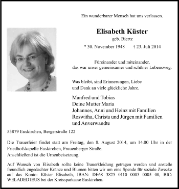 Anzeige von Elisabeth Küster von Kölner Stadt-Anzeiger / Kölnische Rundschau / Express