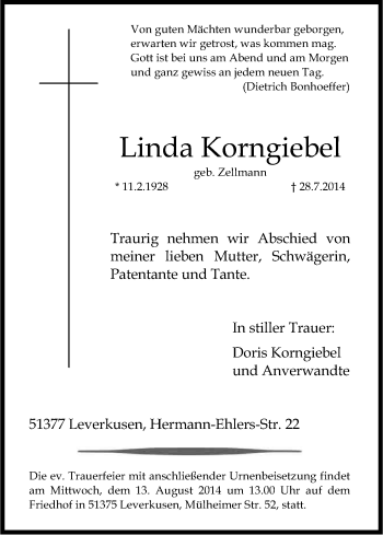 Anzeige von Linda Korngiebel von Kölner Stadt-Anzeiger / Kölnische Rundschau / Express