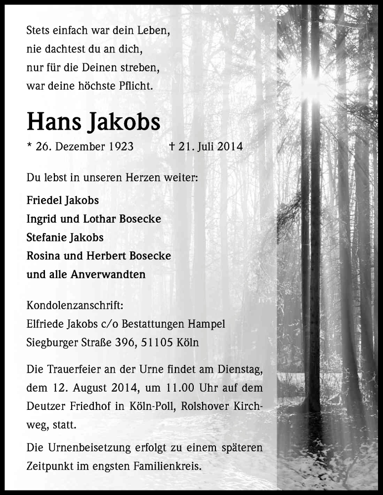  Traueranzeige für Hans Jakobs vom 09.08.2014 aus Kölner Stadt-Anzeiger / Kölnische Rundschau / Express