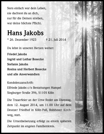 Anzeige von Hans Jakobs von Kölner Stadt-Anzeiger / Kölnische Rundschau / Express