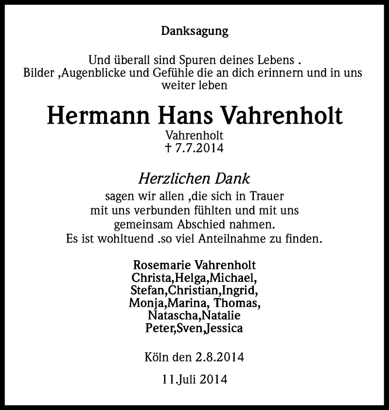  Traueranzeige für Hermann Hans Vahrenholt vom 02.08.2014 aus Kölner Stadt-Anzeiger / Kölnische Rundschau / Express