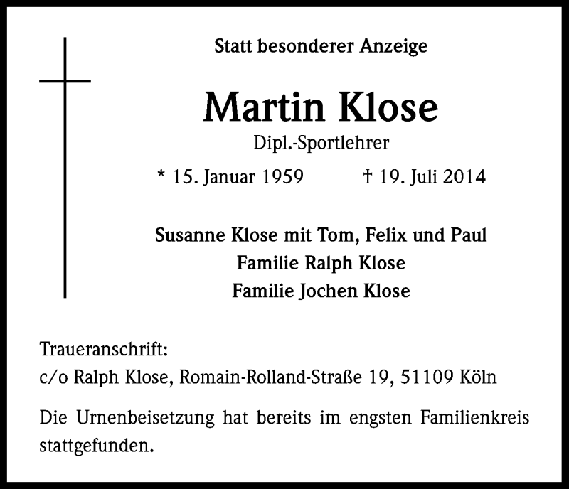  Traueranzeige für Martin Klose vom 02.08.2014 aus Kölner Stadt-Anzeiger / Kölnische Rundschau / Express