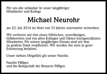 Anzeige von Michael  Neurohr von Kölner Stadt-Anzeiger / Kölnische Rundschau / Express