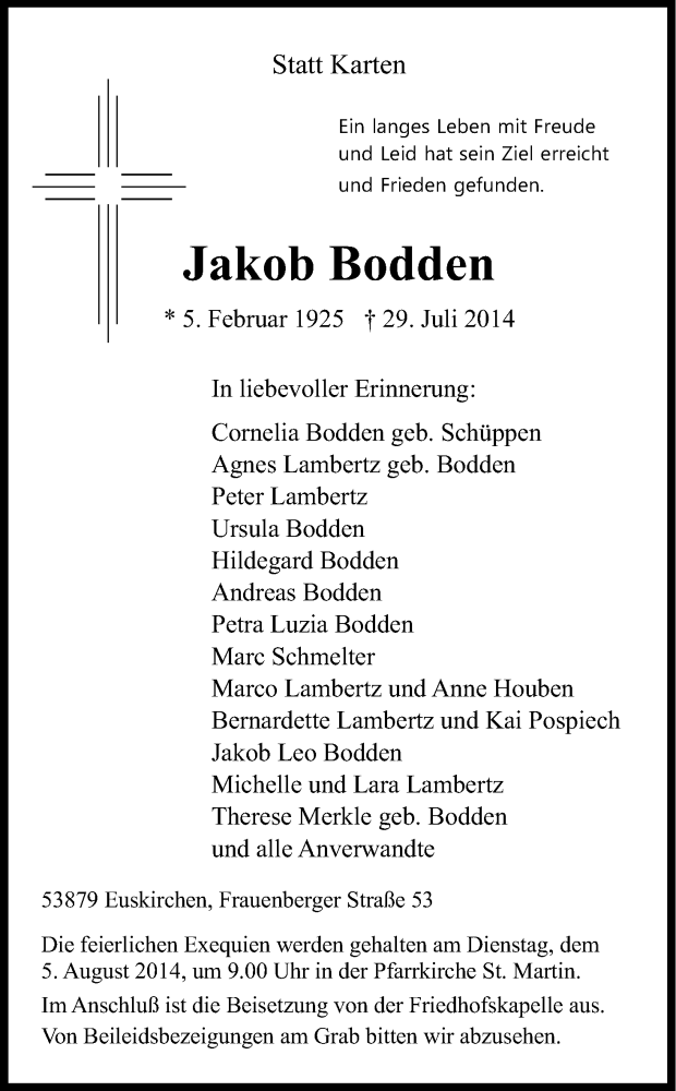  Traueranzeige für Jakob Bodden vom 02.08.2014 aus Kölner Stadt-Anzeiger / Kölnische Rundschau / Express